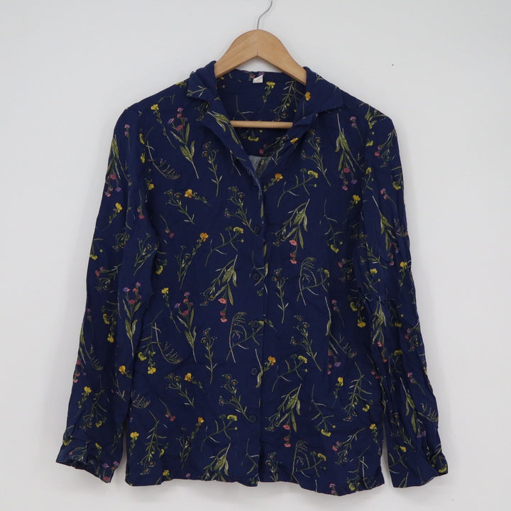 Uniqlo Womens Navy Blue Wildflower Botanical Print Rayon Button Down Shirt S