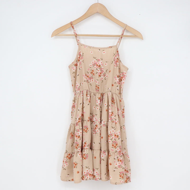 2 Hip Girls Tan Floral Tiered Spaghetti Strap Sundress Size 10 IMD9518