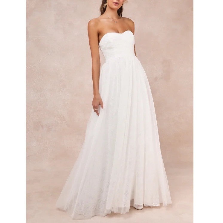 Lulus Blissful Forever Maxi Dress Womens S White Tulle Lace Strapless Pleated