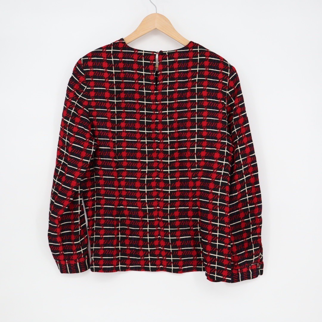 Talbots Womens Size 14 Silk Blouse Top Red Black Plaid Pattern Long Sleeve