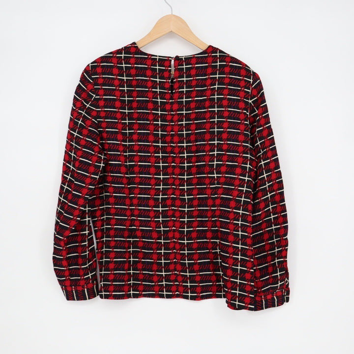Talbots Womens Size 14 Silk Blouse Top Red Black Plaid Pattern Long Sleeve