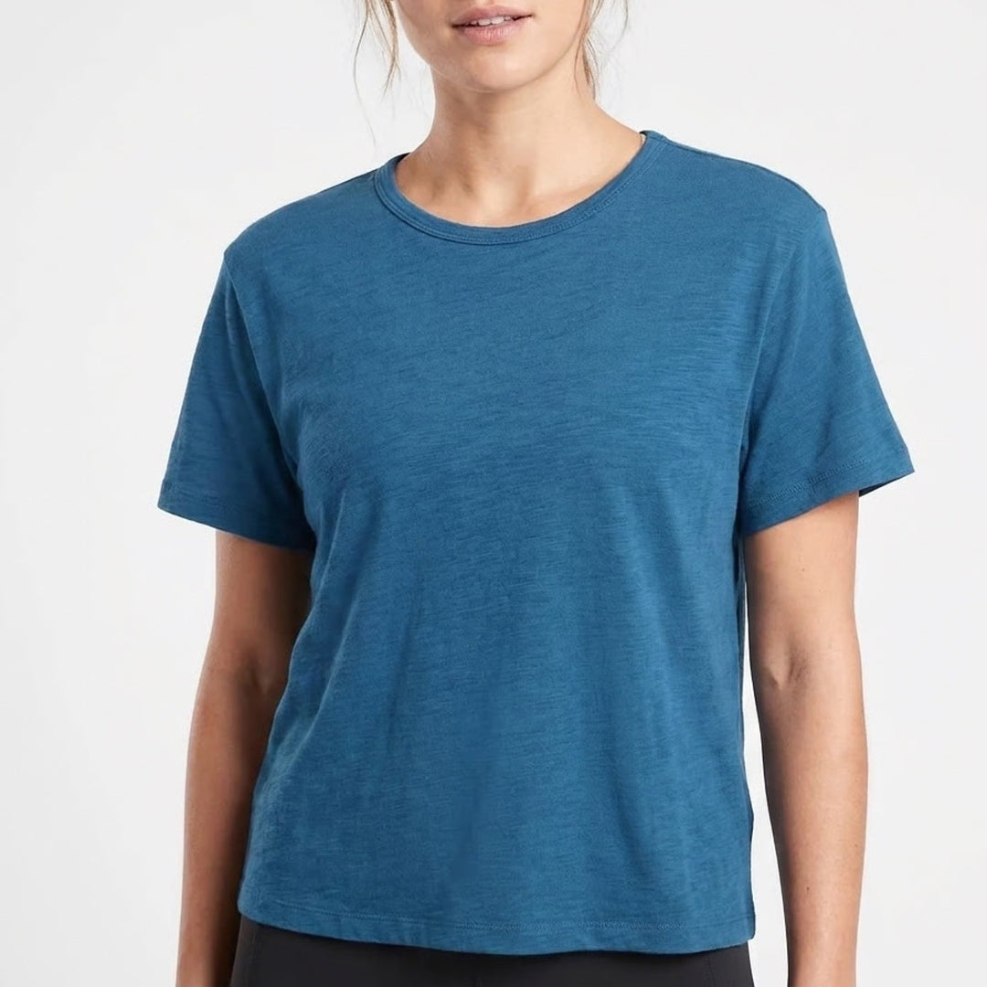 Athleta Zephyr Blue Slub Knit Relaxed Crew Neck Short Sleeve T-Shirt Womens L