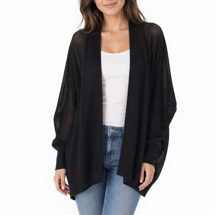 Time And Tru Cardigan Womens L/XL Black Mesh Knit Kimono Sleeve Open Front