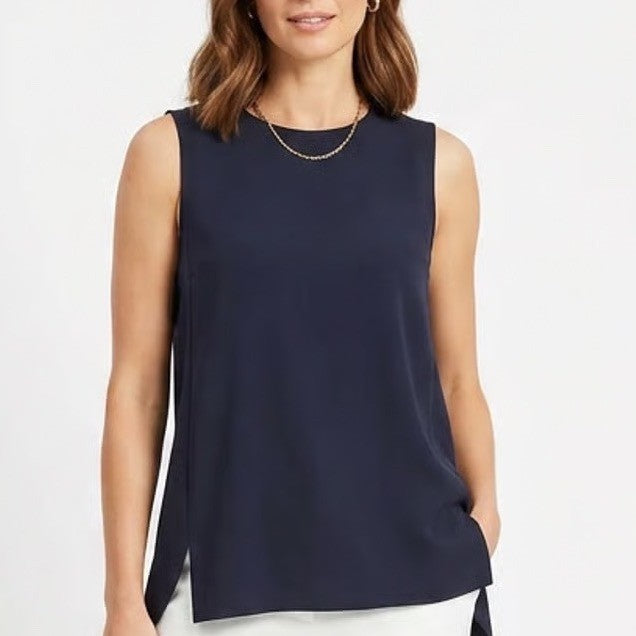 T by Talbots Womens Navy Blue Sleeveless Shell Top Stretch Keyhole Back L