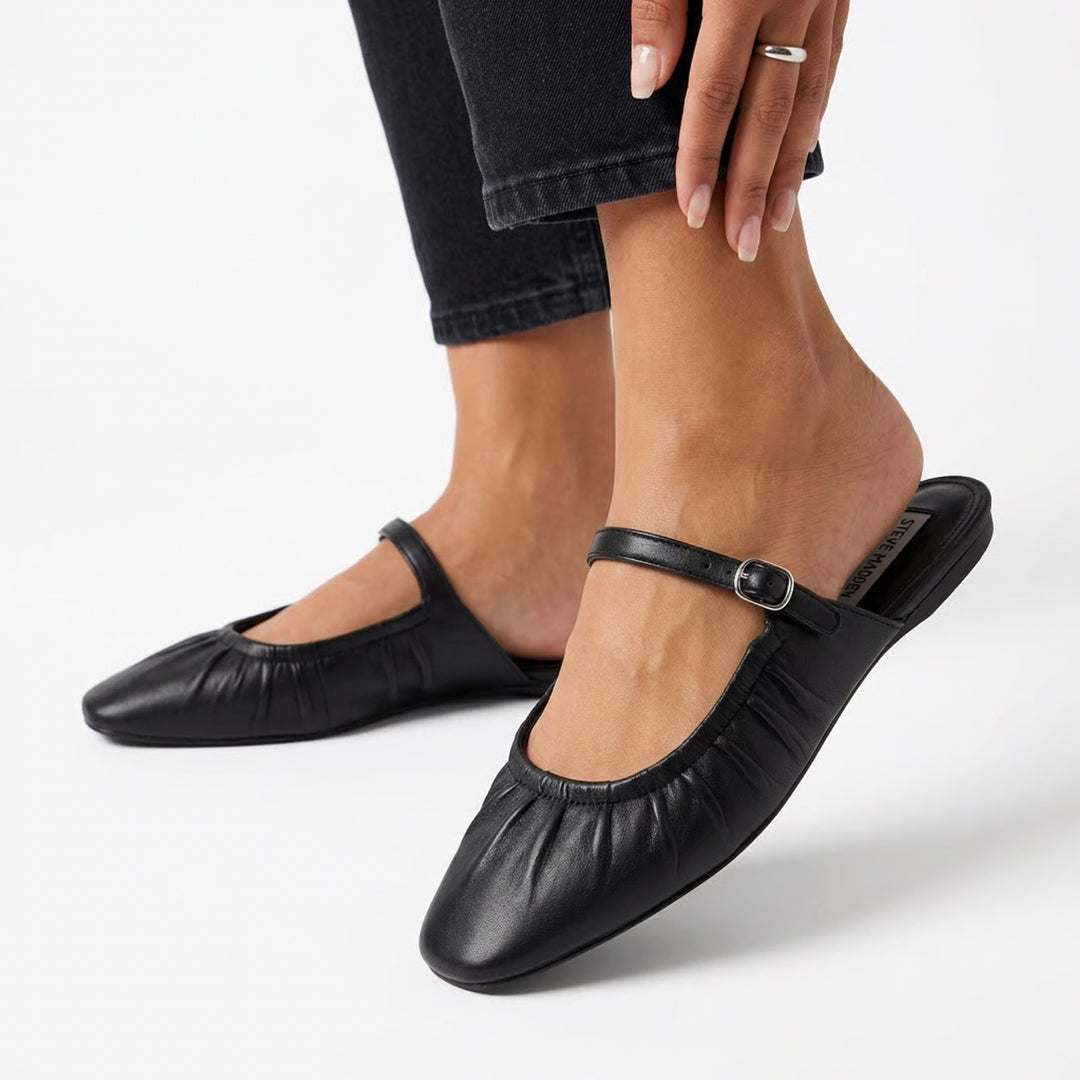 Steve Madden Womens Black Leather Ruched Mary Jane Mules Square Toe Flats 8.5
