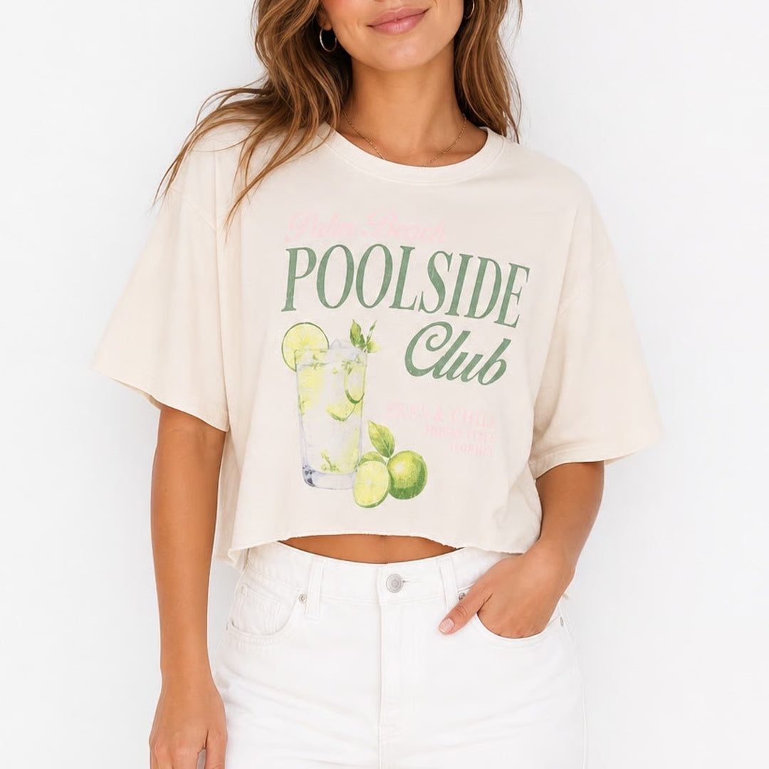 No Boundaries Crop T Shirt Womens L(12-14) White Poolside Club Graphic Crew Neck