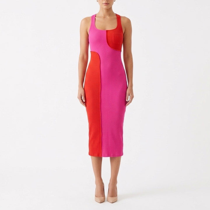 Naked Wardrobe Pink Red Colorblock Ribbed Midi Dress XS Sleeveless