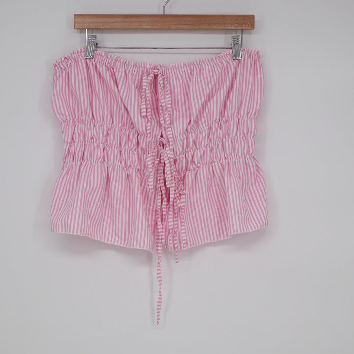 Shein Pink White Striped Smocked Tube Top Lace Up Back Peplum XL