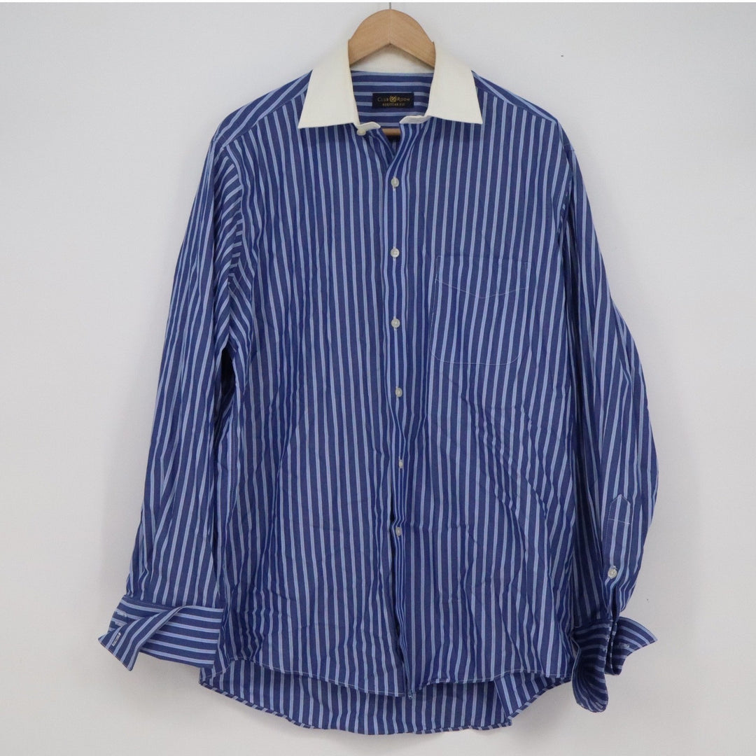 Club Room Mens Regular Fit Striped Dress Shirt Blue White Contrast 16 34/35