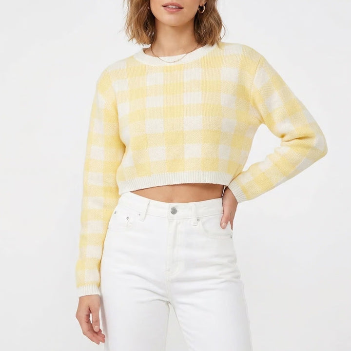 Paper Moon Yellow Gingham Cropped Sweater Womens Large Checkered Knit