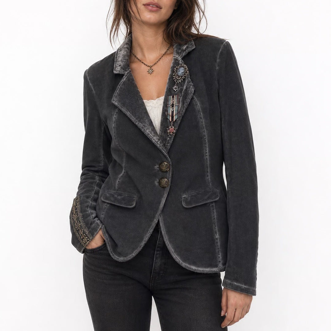 25 South Womens Faded Black Velvet Military Cameo Blazer Jacket XS