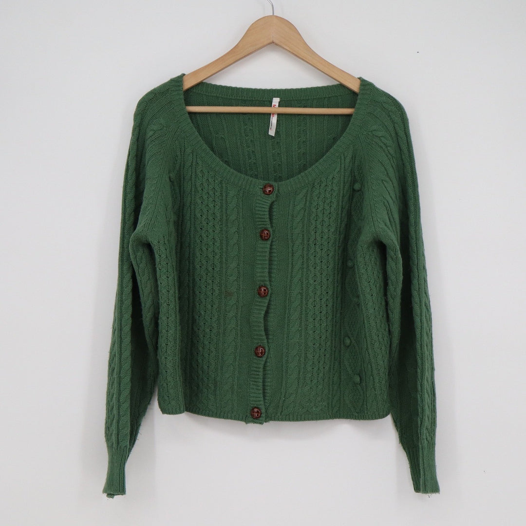 Momo Wonder Rocket Green Cable Knit Button Front Cardigan Sweater Bobble Detail