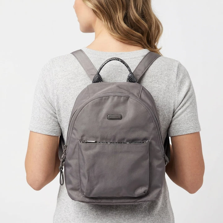 Baggallini Gray Nylon Backpack Snakeskin Trim Small Travel Bag with Pouch Padded