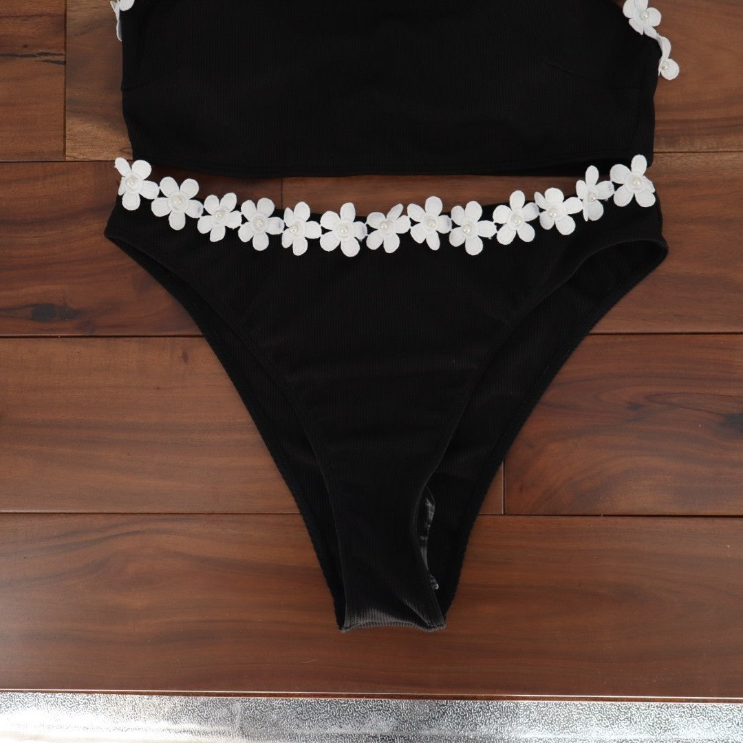 Cupshe Strapless Bandeau Bikini Set Womens L Black Stretch Floral Pearl Swimwear