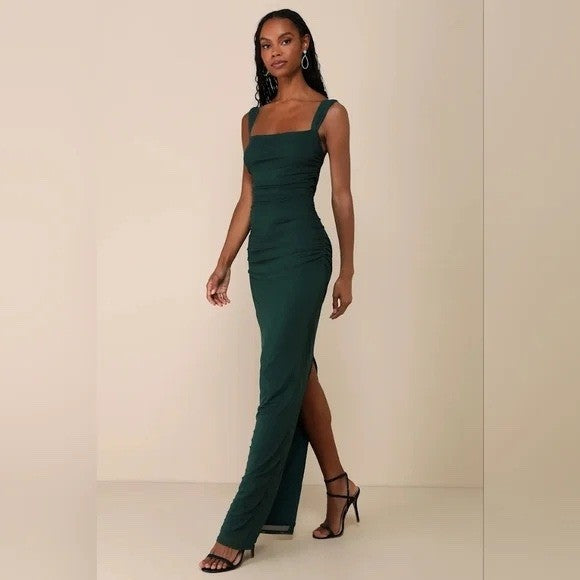 Lulus Amazing Presence Dark Green Mesh Ruched Column Maxi Dress Size XL