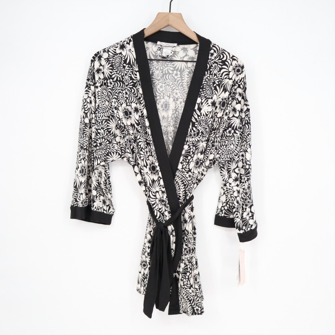 Linea Donatella Wrap Robe Lingerie Womens M Black Floral Long Sleeve Sleepwear