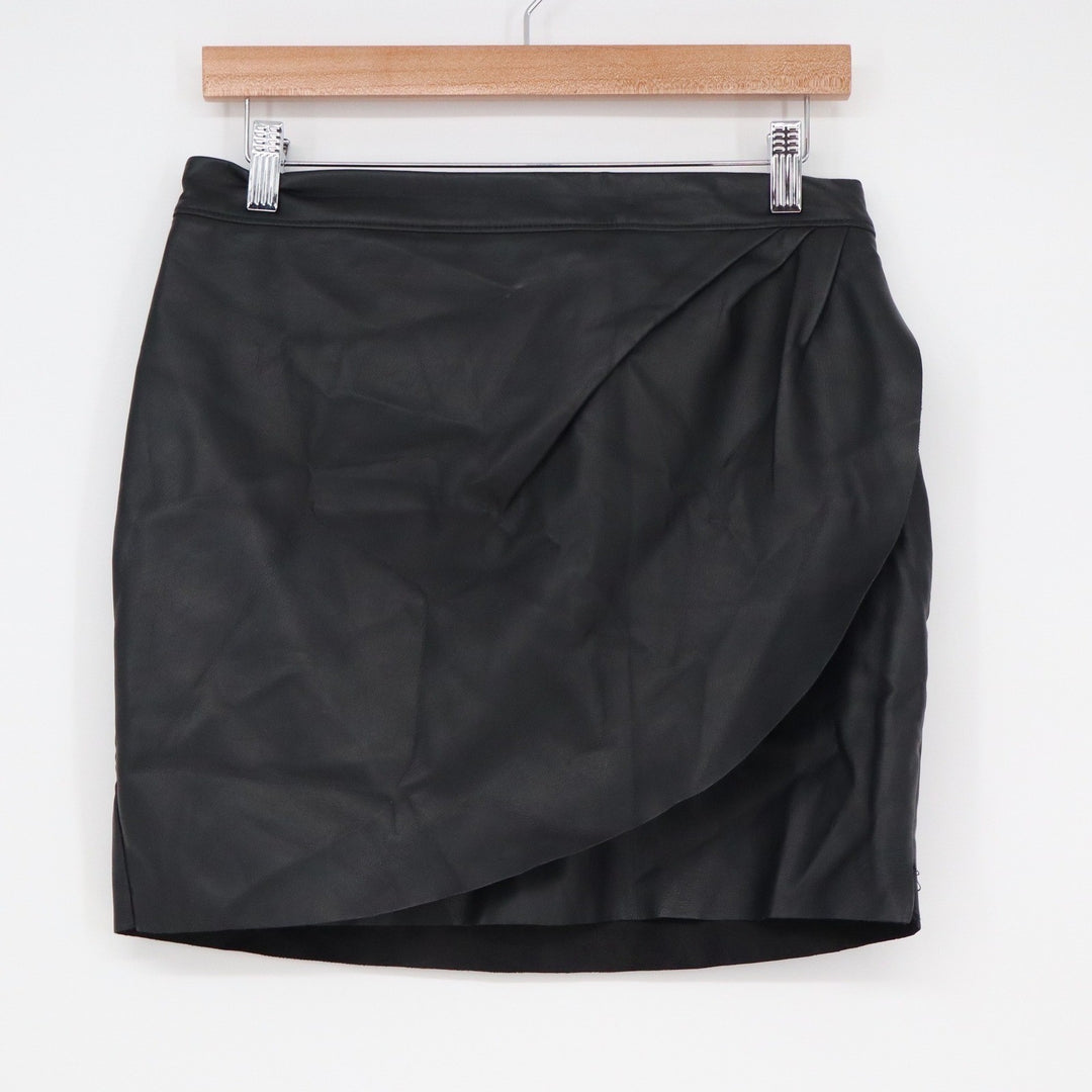 Express Black Faux Leather Draped Wrap Mini Skirt Womens Size 8 Side Zip