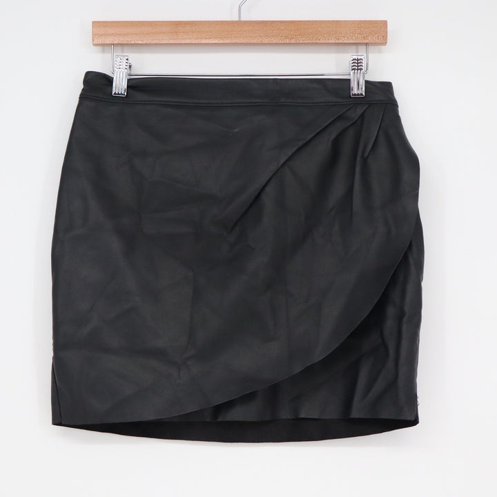 Express Black Faux Leather Draped Wrap Mini Skirt Womens Size 8 Side Zip