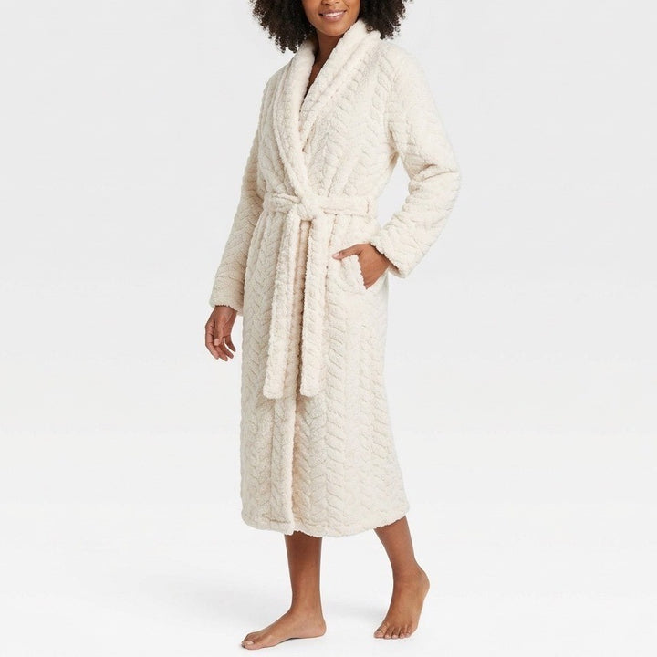 Linea Donatella Wrap Bathrobe Womens Small White Fleece Cable Knit Shawl Collar