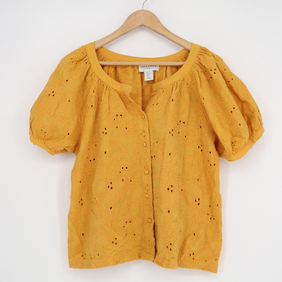 Calypso St Barth Mustard Yellow Cotton Eyelet Puff Sleeve Blouse Large