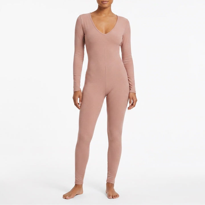 Naked Wardrobe Long Sleeve V-Neck Jumpsuit Tan Mauve Size M