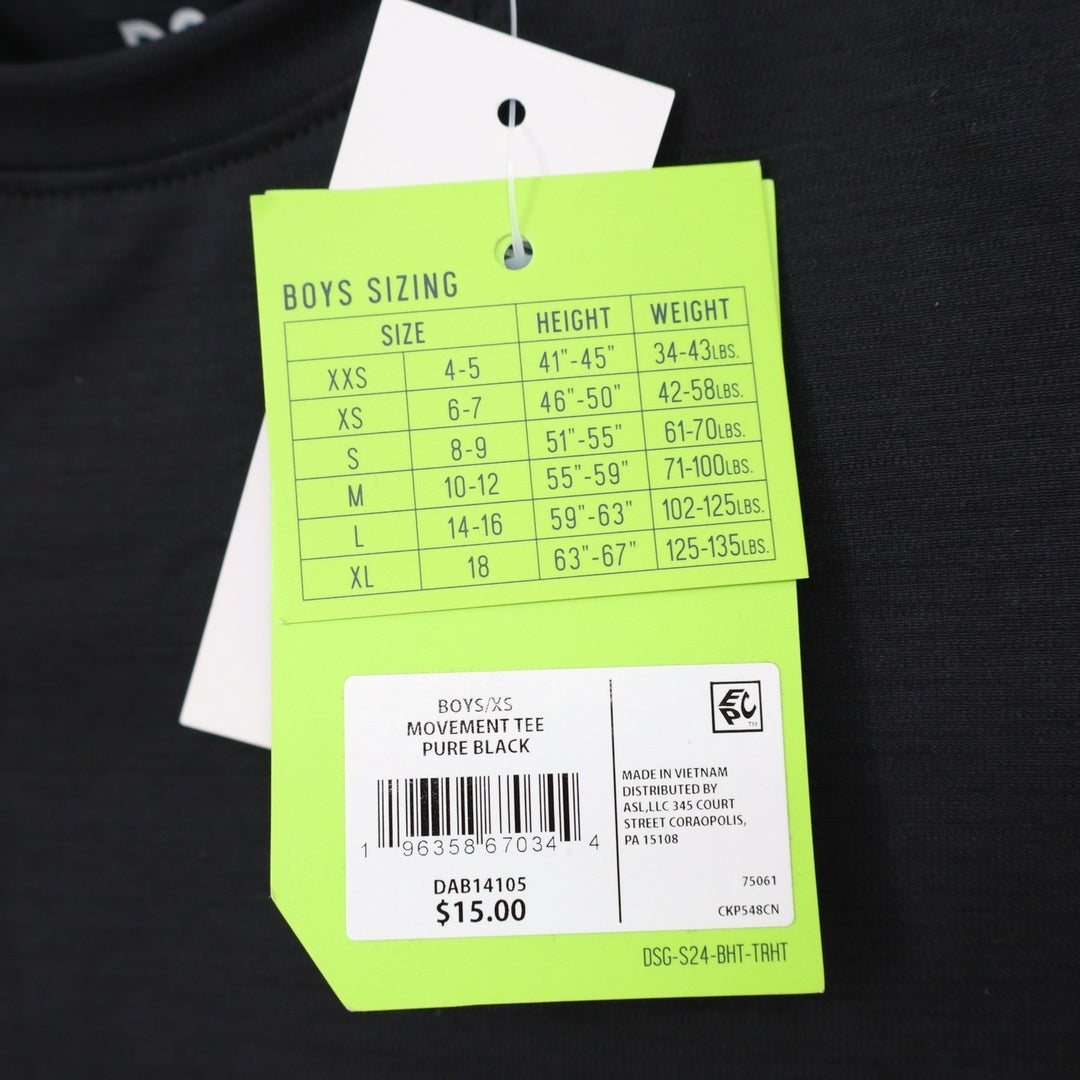 DSG Boys Movement Tee Pure Black Short Sleeve Athletic Shirt XS 6-7
