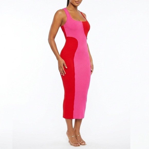 Naked Wardrobe Red Pink Colorblock Ribbed Midi Dress NW-D2400 Mens Size M