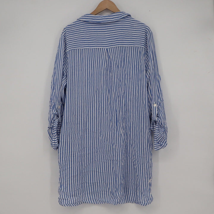 Blue Island Womens XL Blue White Striped Rayon Button Down Tunic Shirt