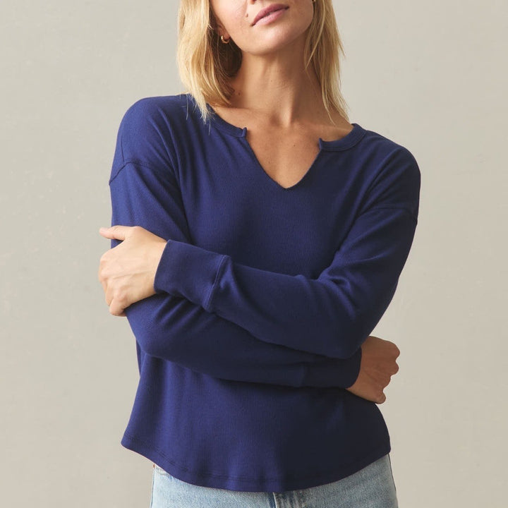 American Giant Luxe Rib V Notch Tee Shirt Women Small Midnight Blueprint Stretch