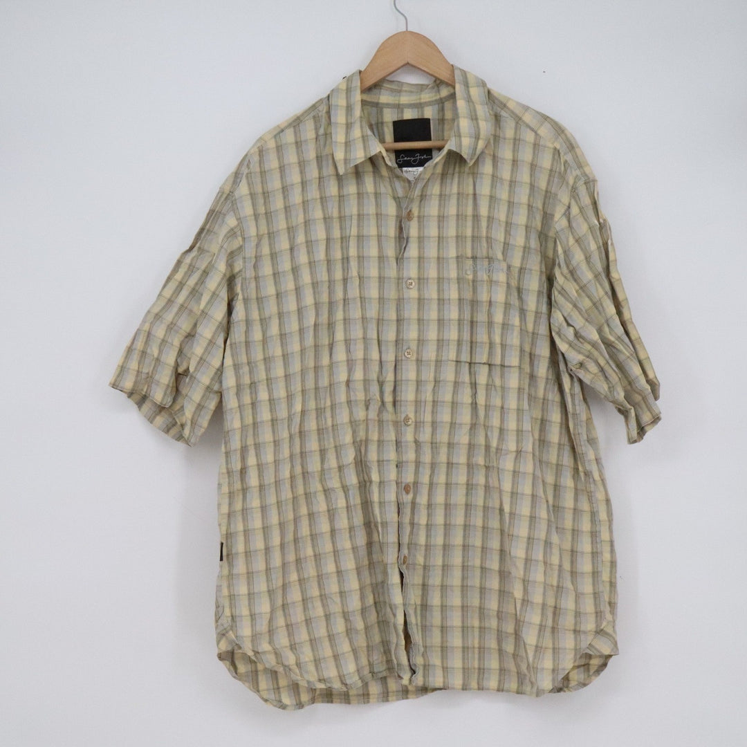 Sean John Mens XL Short Sleeve Button Down Shirt Yellow Blue Plaid Cotton Y2K