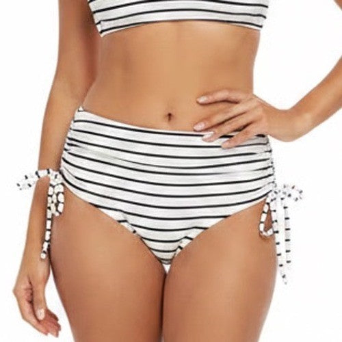 CALIA Womens Ruched Side Tie High Rise Bikini Bottom Striped White Small