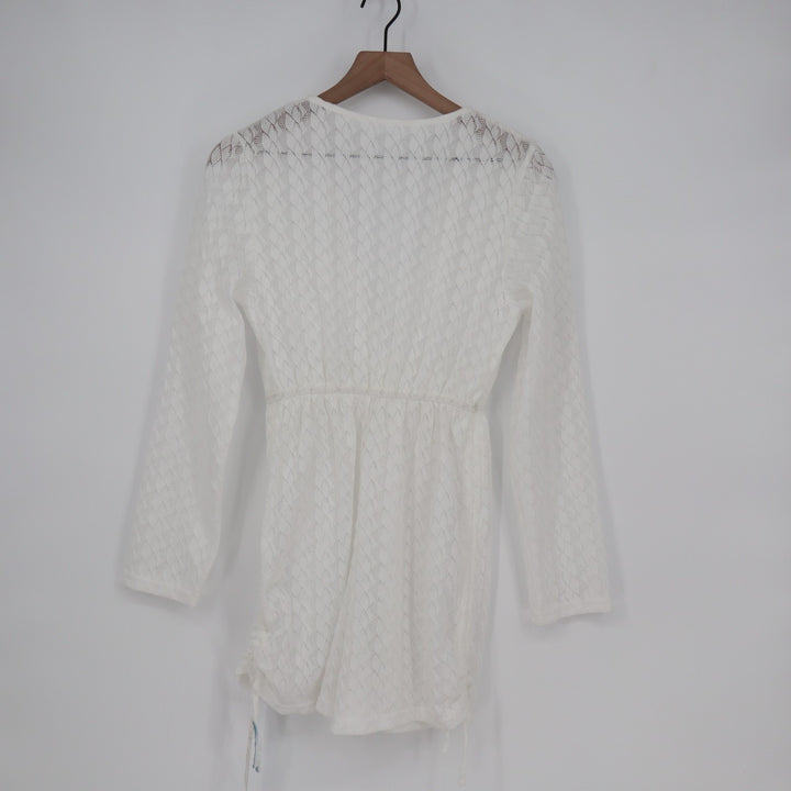 Cupshe Plunging-V Surplice Cover-Up Romper Womens Small White Woven Long Sleeve