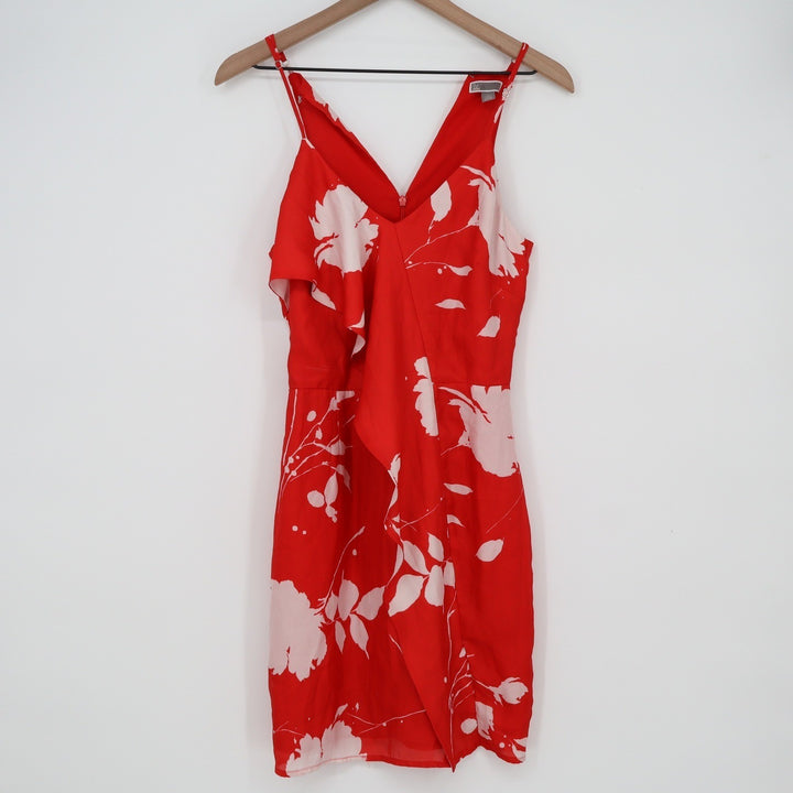 Chelsea28 Red White Floral Ruffle Wrap Mini Dress XS Sleeveless V-Neck