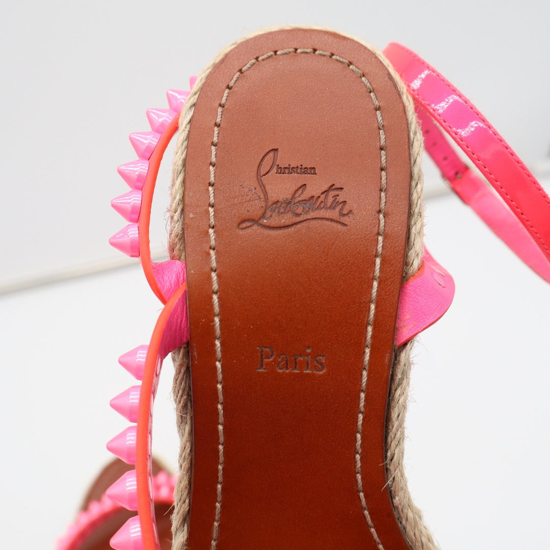 Christian Louboutin Neon Pink Studded Espadrille Wedge Sandals 38
