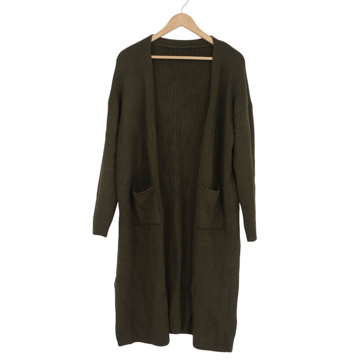 Army Green Longline Open Front Cardigan Sweater XL Ribbed Knit Duster