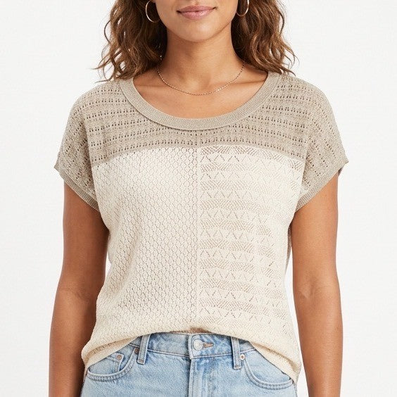 DKNY Jeans Sweater Womens Medium Beige Colorblocked Open Knit Cotton Ribbed