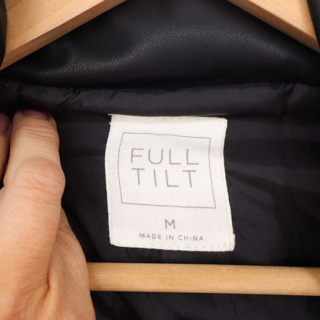 Full Tilt Womens Black Faux Leather Puffer Vest Quilted Zip Up Cropped Size M