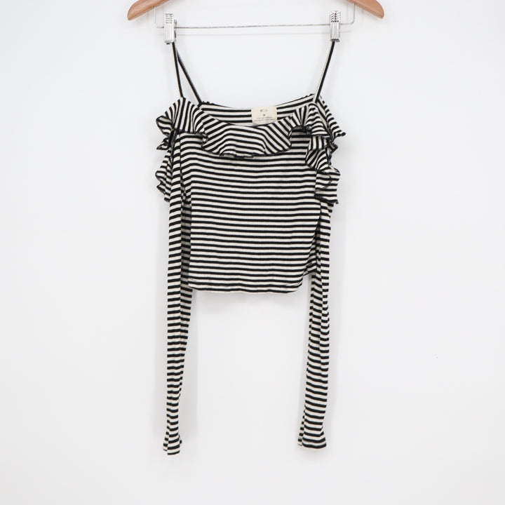 Pins and Needles Urban Outfitters Striped Ruffle Cold Shoulder Crop Top Black M