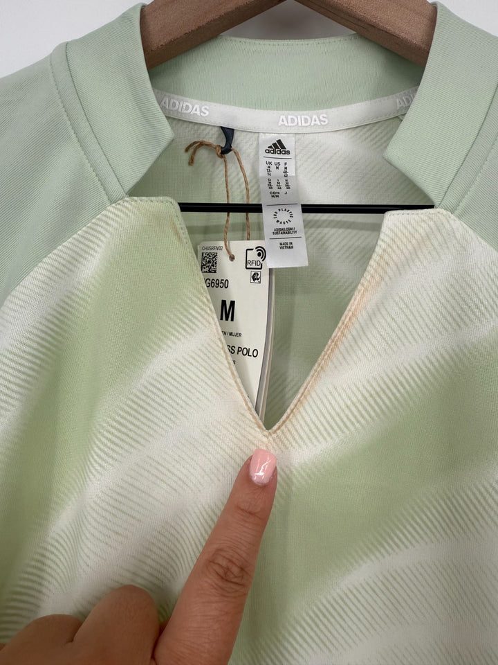 Adidas Heat Rdy Polo Shirt Womens Medium Linen Green Logo Cap Sleeve Split Neck