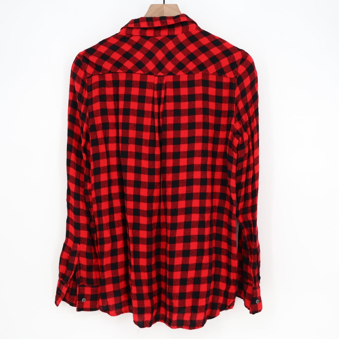 Old Navy The Classic Shirt Womens Medium Red Black Buffalo Plaid Rayon Button Up