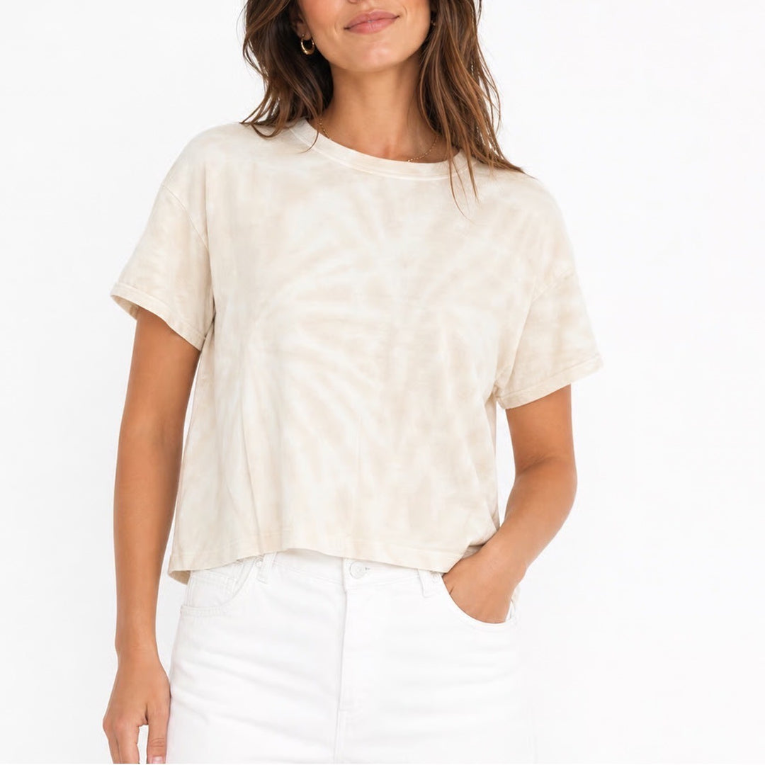 Old Navy Womens Tan White Tie Dye Crop Tee Short Sleeve Boxy T-Shirt Size M
