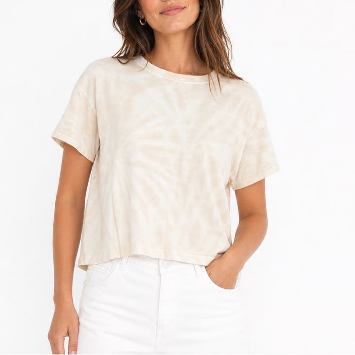 Old Navy Womens Tan White Tie Dye Crop Tee Short Sleeve Boxy T-Shirt Size M