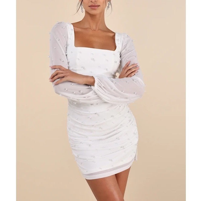 Lulus Admirably Divine Mini Dress Womens Small White Mesh Pearl Long Sleeve
