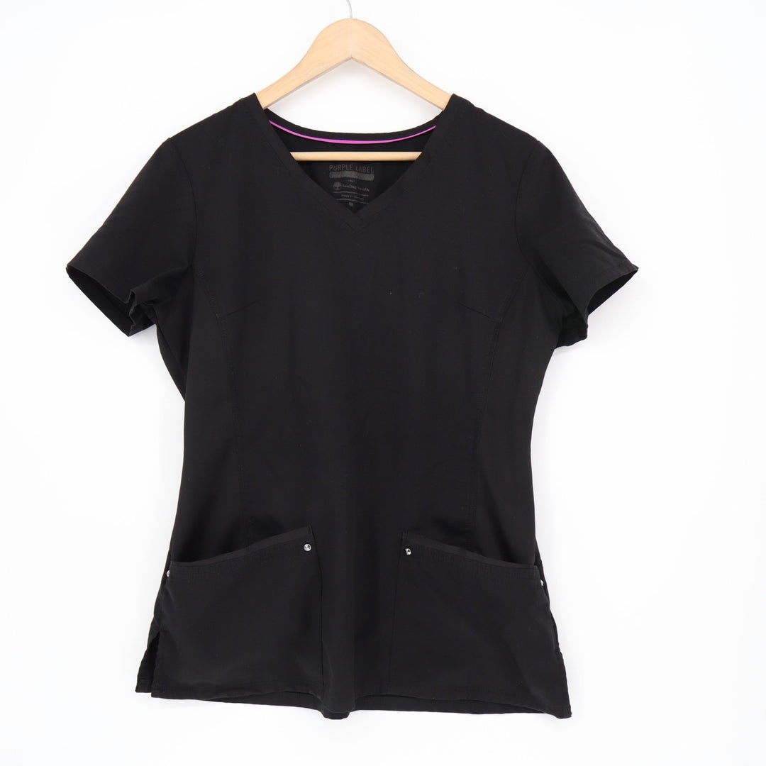 Purple Label by Healing Hands Scrub Top Women's Medium Black V-Neck Short Sleeve