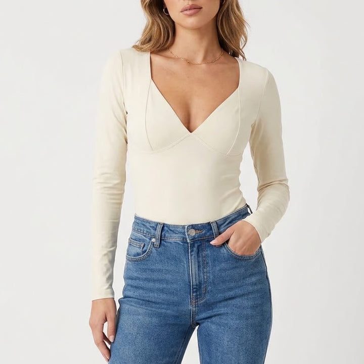 Qinsen Womens Cream Long Sleeve V-Neck Bodysuit Size M