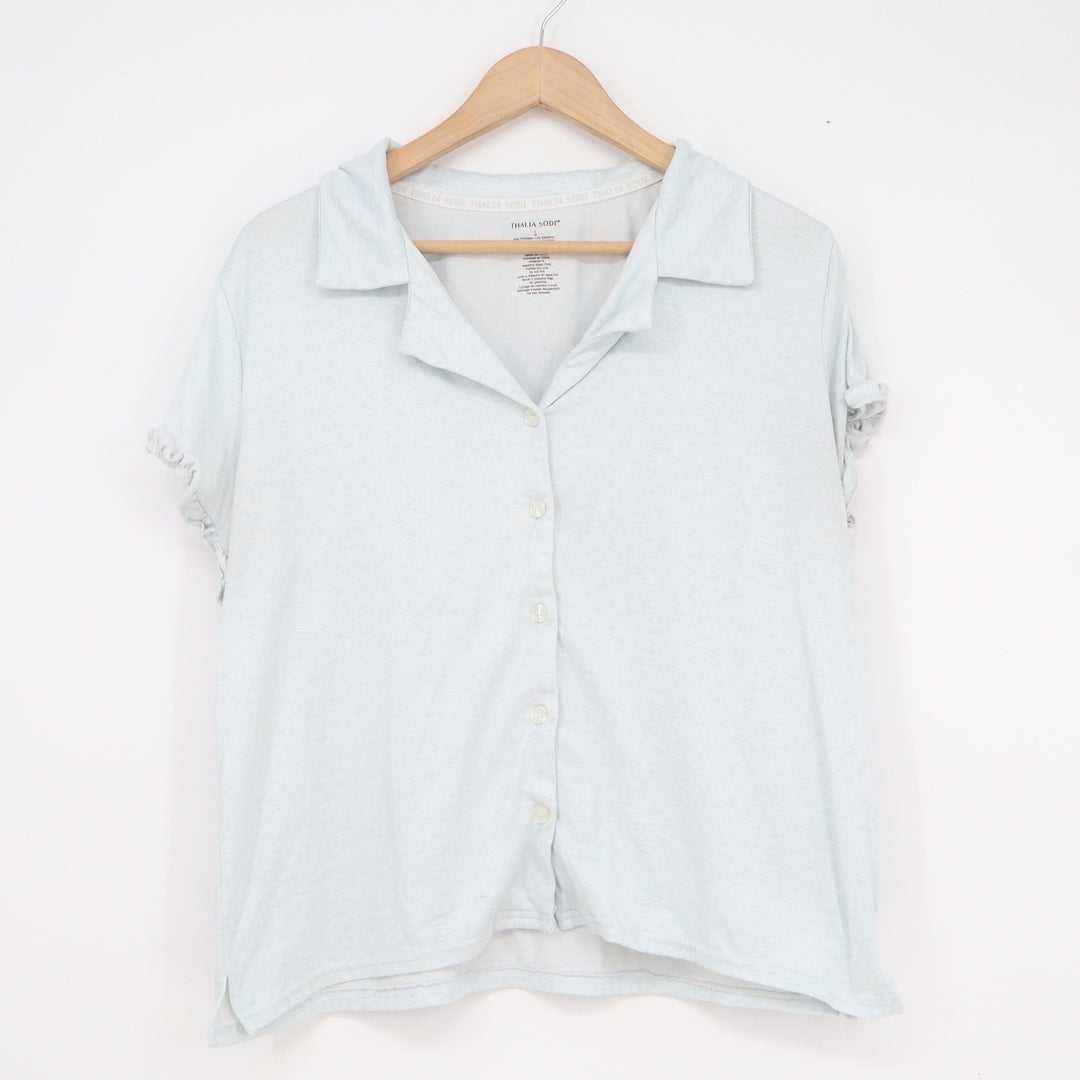 Thalia Sodi Womens Light Blue Heathered Ruffle Sleeve Button Front Top Large