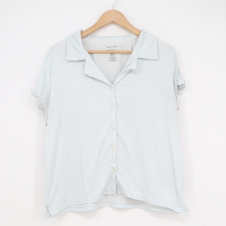 Thalia Sodi Womens Light Blue Heathered Ruffle Sleeve Button Front Top Large