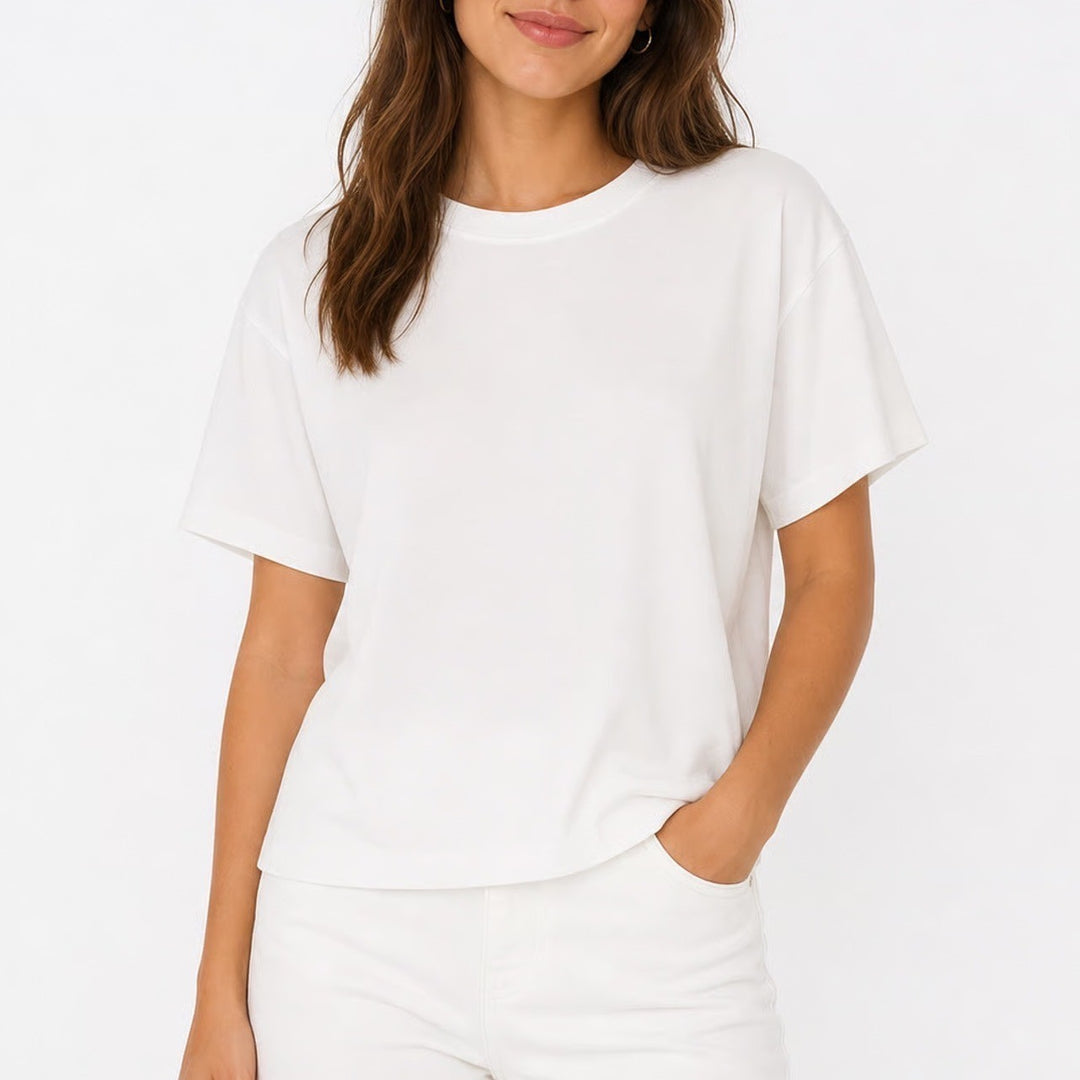 Old Navy Womens Medium Cream White 100% Cotton Boxy Crew Neck T-Shirt