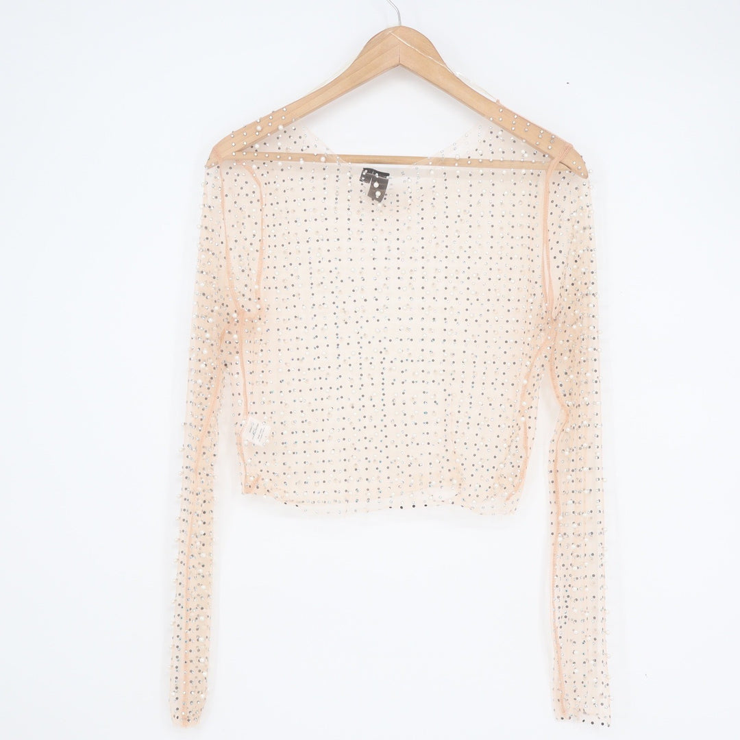 Windsor Peach Mesh Rhinestone Pearl Embellished Long Sleeve Crop Top Large