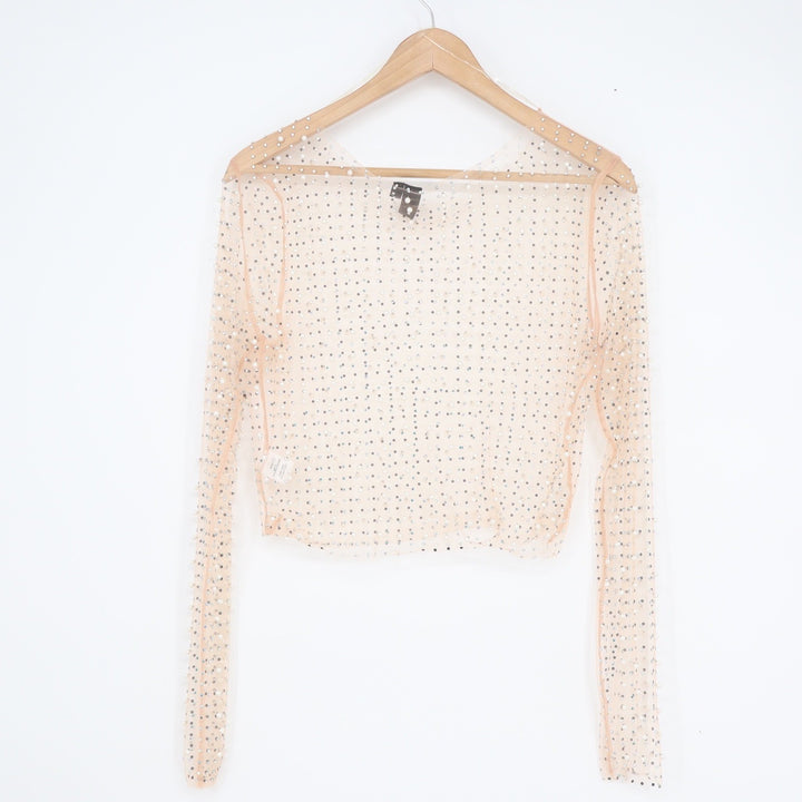 Windsor Peach Mesh Rhinestone Pearl Embellished Long Sleeve Crop Top Large